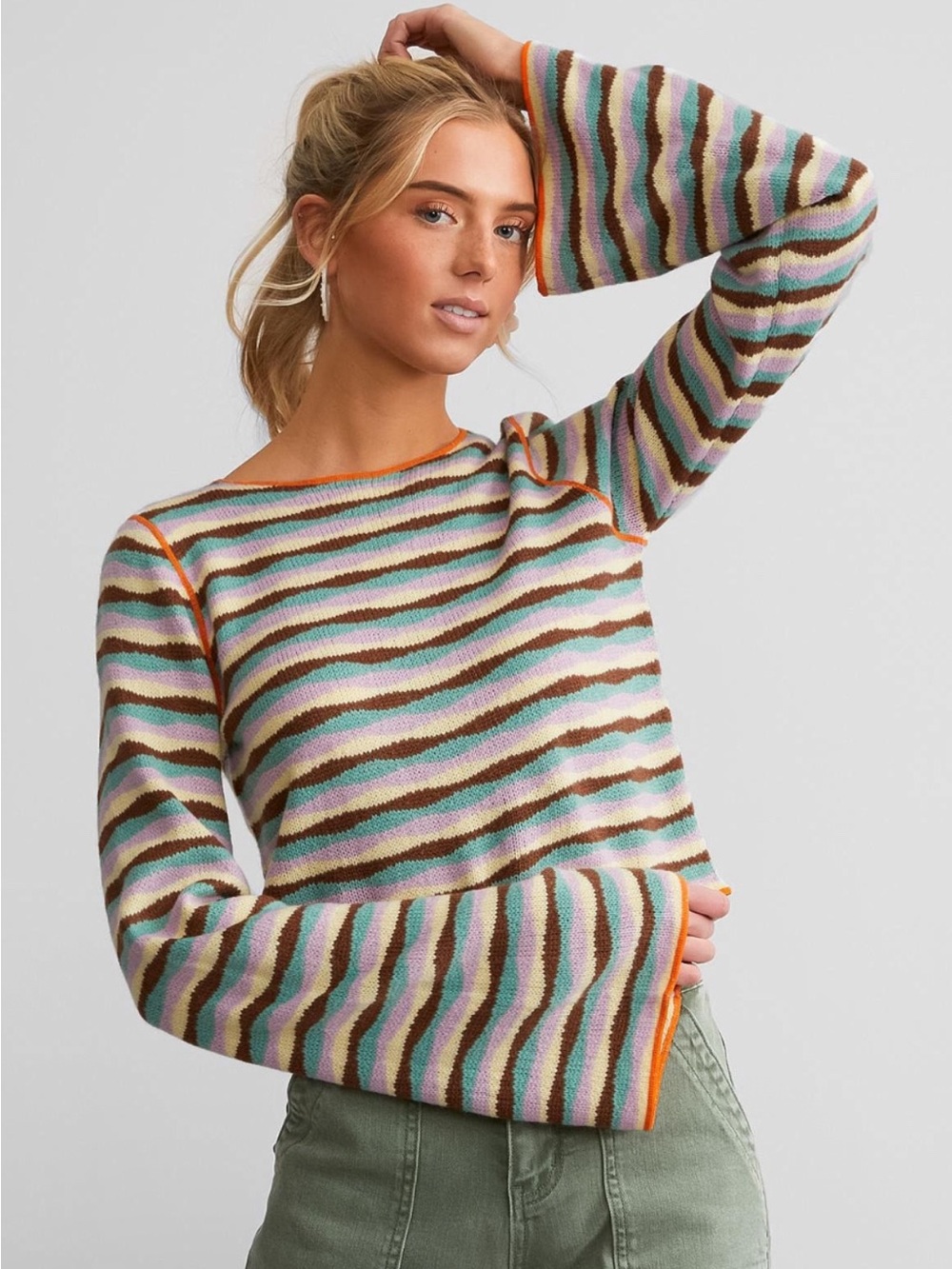 Gilded Intent pastel wavy horizontal striped cropped bell sleeve sweater